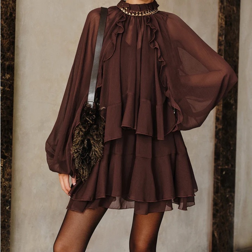 Commense brown chiffon ruffle dress